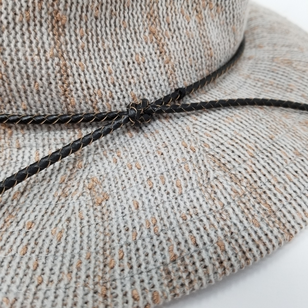 Packable Boho Panama Tweed Hat Wide Brim Sun Gray Tan Neutral Braided Band Knot - Picture 7 of 8